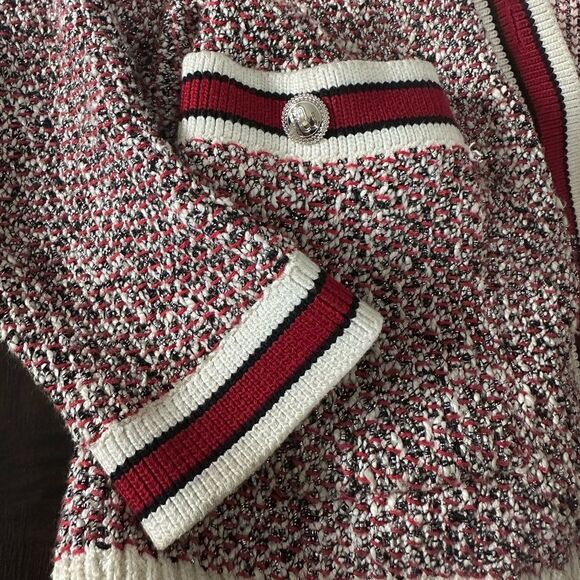 Maje Mapada Knit Button-Front Boyfriend Cardigan in Red & White  -size 2 Medium. - Picture 11 of 14